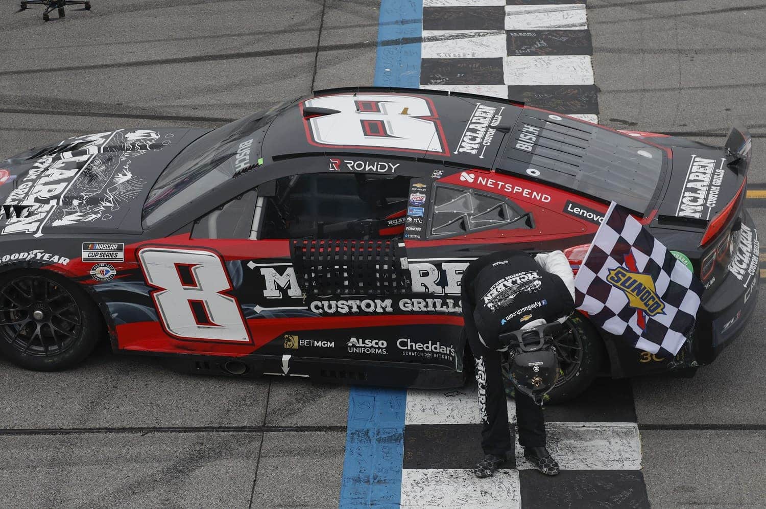 Kyle Busch takes a bow after winning the NASCAR Cup Series GEICO 500 at Talladega Superspeedway on April 23, 2023.