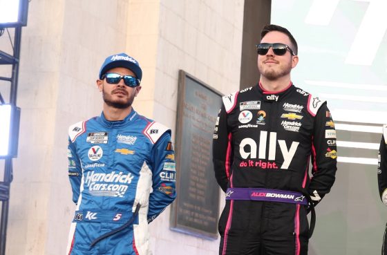 Hendrick Motorsports drivers Kyle Larson and Alex Bowman during ceremonies before the Busch Light Clash at the Los Angeles Coliseum on Feb. 5, 2023.
