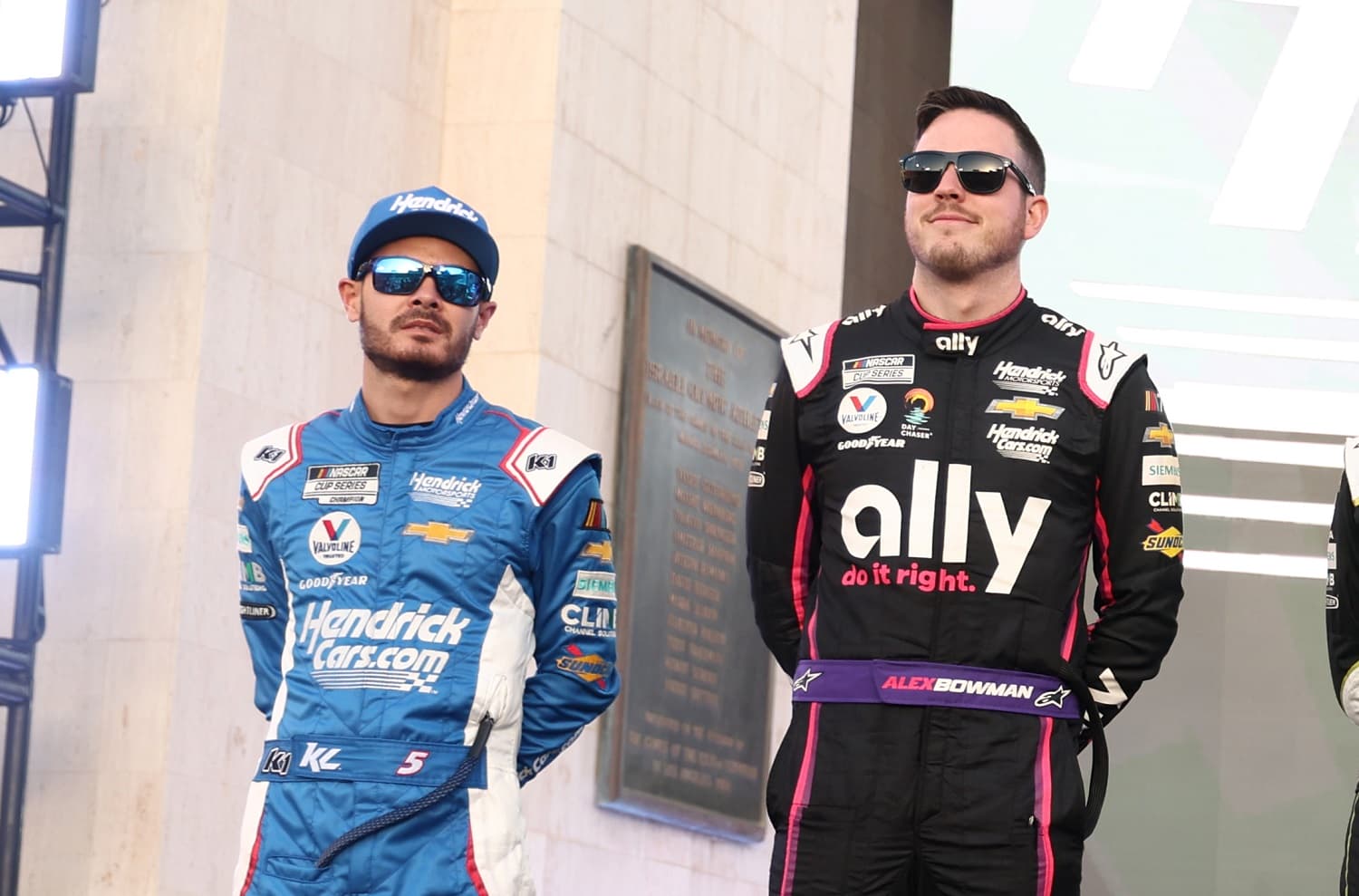 Hendrick Motorsports drivers Kyle Larson and Alex Bowman during ceremonies before the Busch Light Clash at the Los Angeles Coliseum on Feb. 5, 2023. | Joe Scarnici/Getty Images