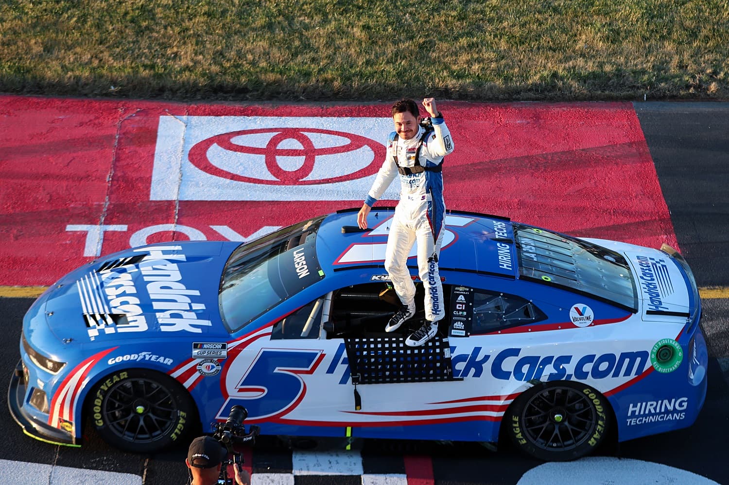 Kyle Larson, driver of the No. 5 HendrickCars.com Chevrolet, celebrates after winning the NASCAR Cup Series Toyota Owners 400 at Richmond Raceway on April 2, 2023.