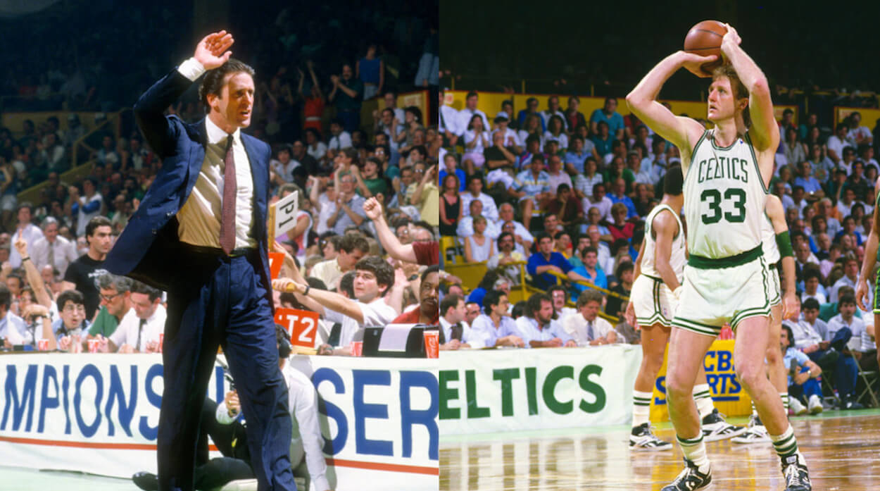 Pat Riley (L) and Larry Bird (R) during the 1980s.