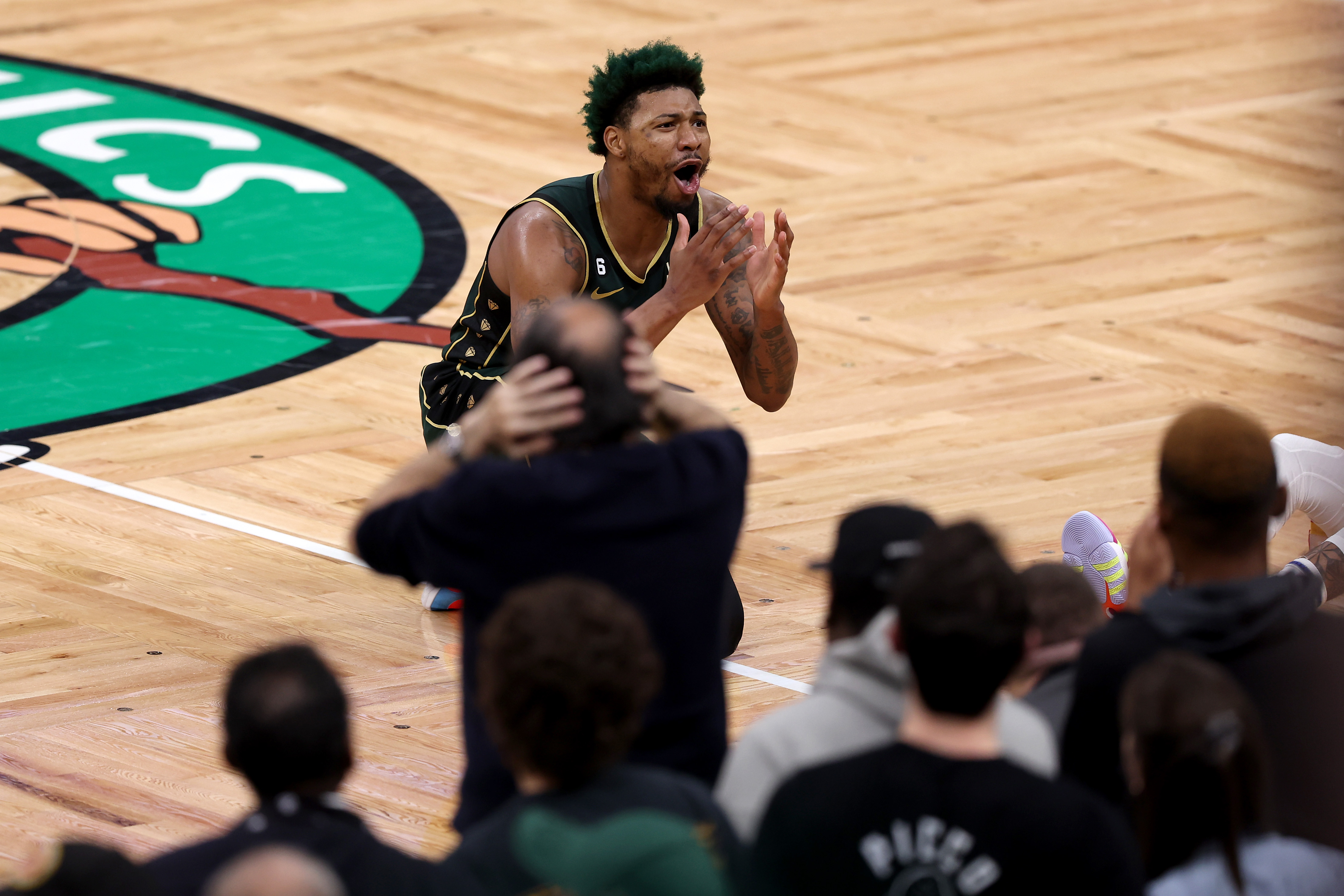 Marcus Smart of the Boston Celtics reacts to a call.