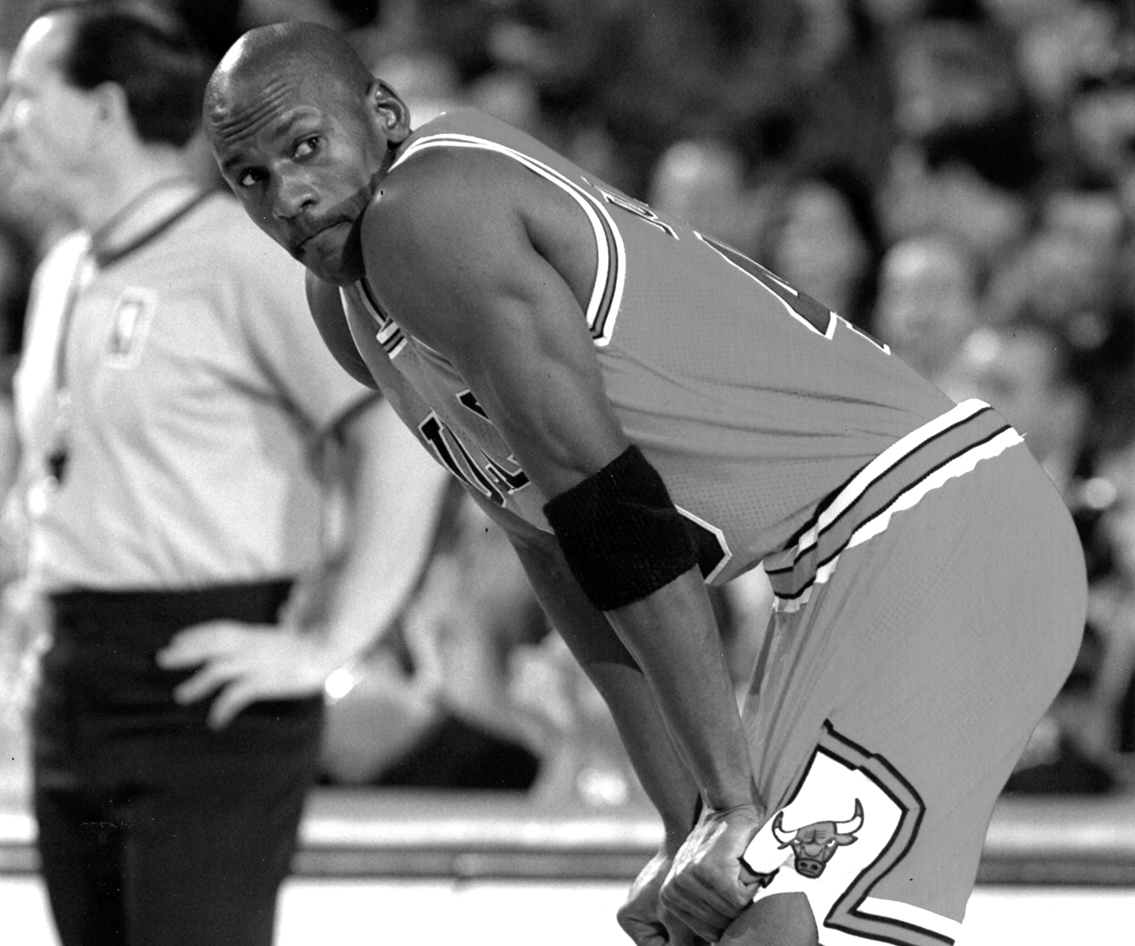 Chicago Bulls guard Michael Jordan reacts during a game against the Boston Celtics.