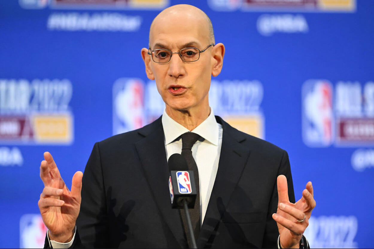 NBA commissioner Adam Silver speaks from the podium.