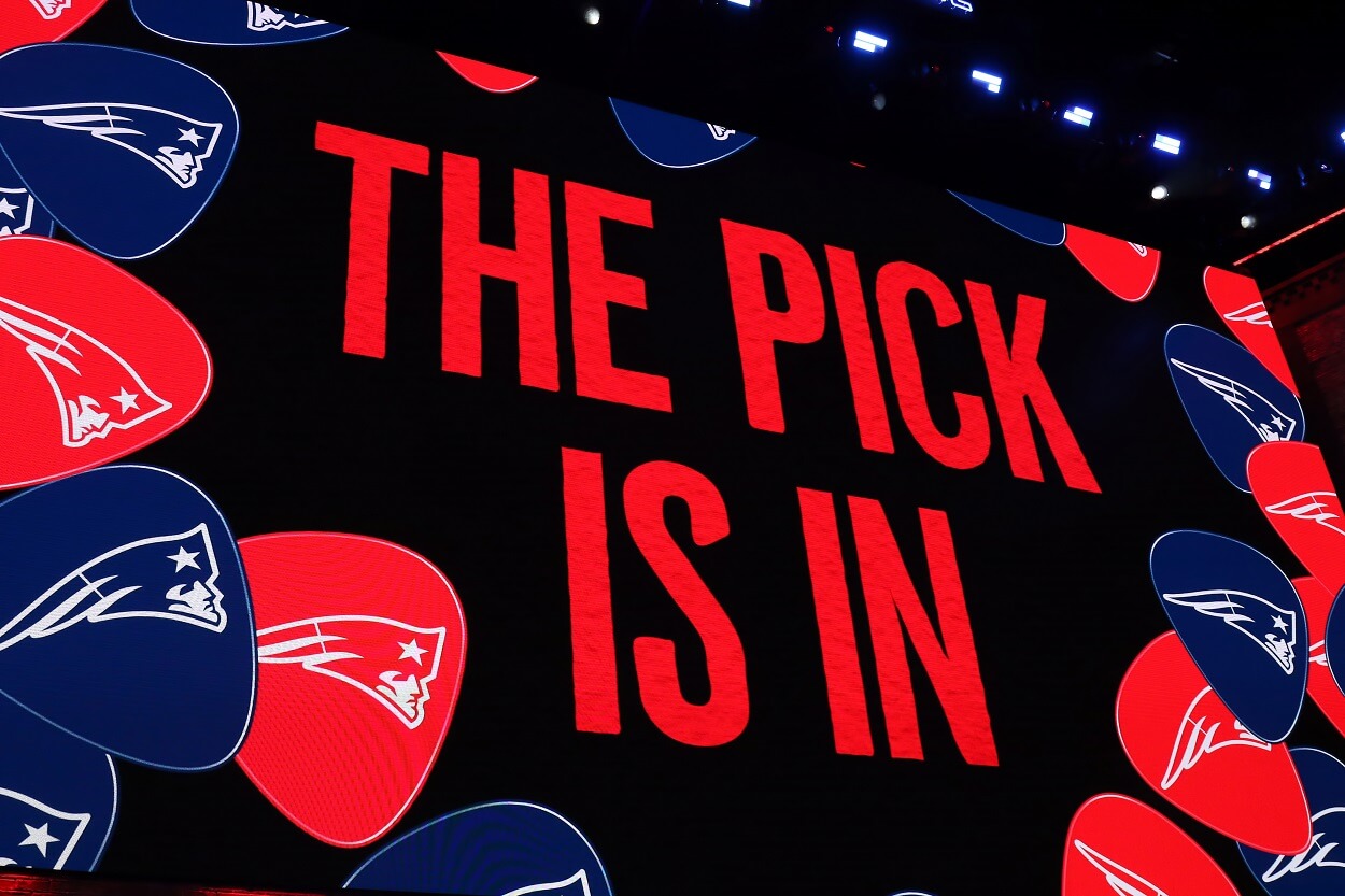 The New England Patriots logo at the NFL Draft