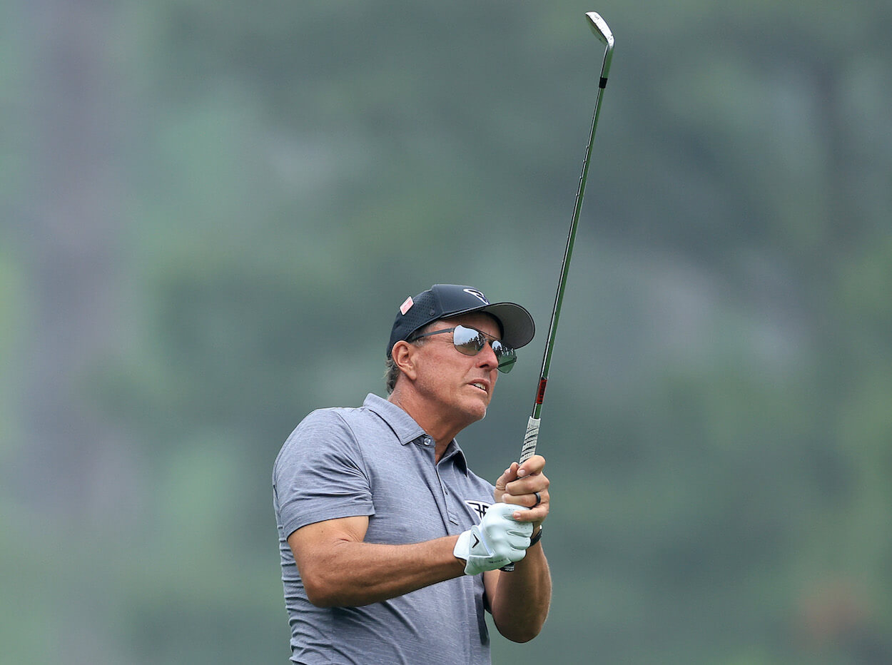 Phil Mickelson plays a practice round ahead of the 2023 Masters.