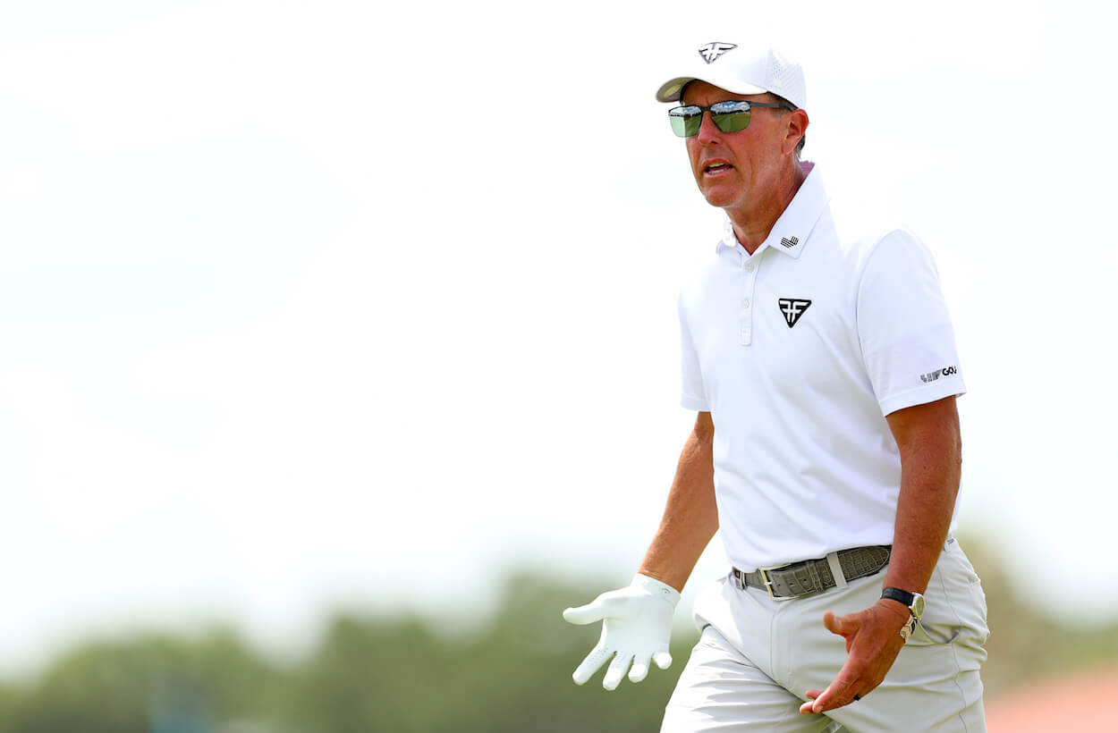 Phil Mickelson looks on during the LIV Golf event in Orlando.