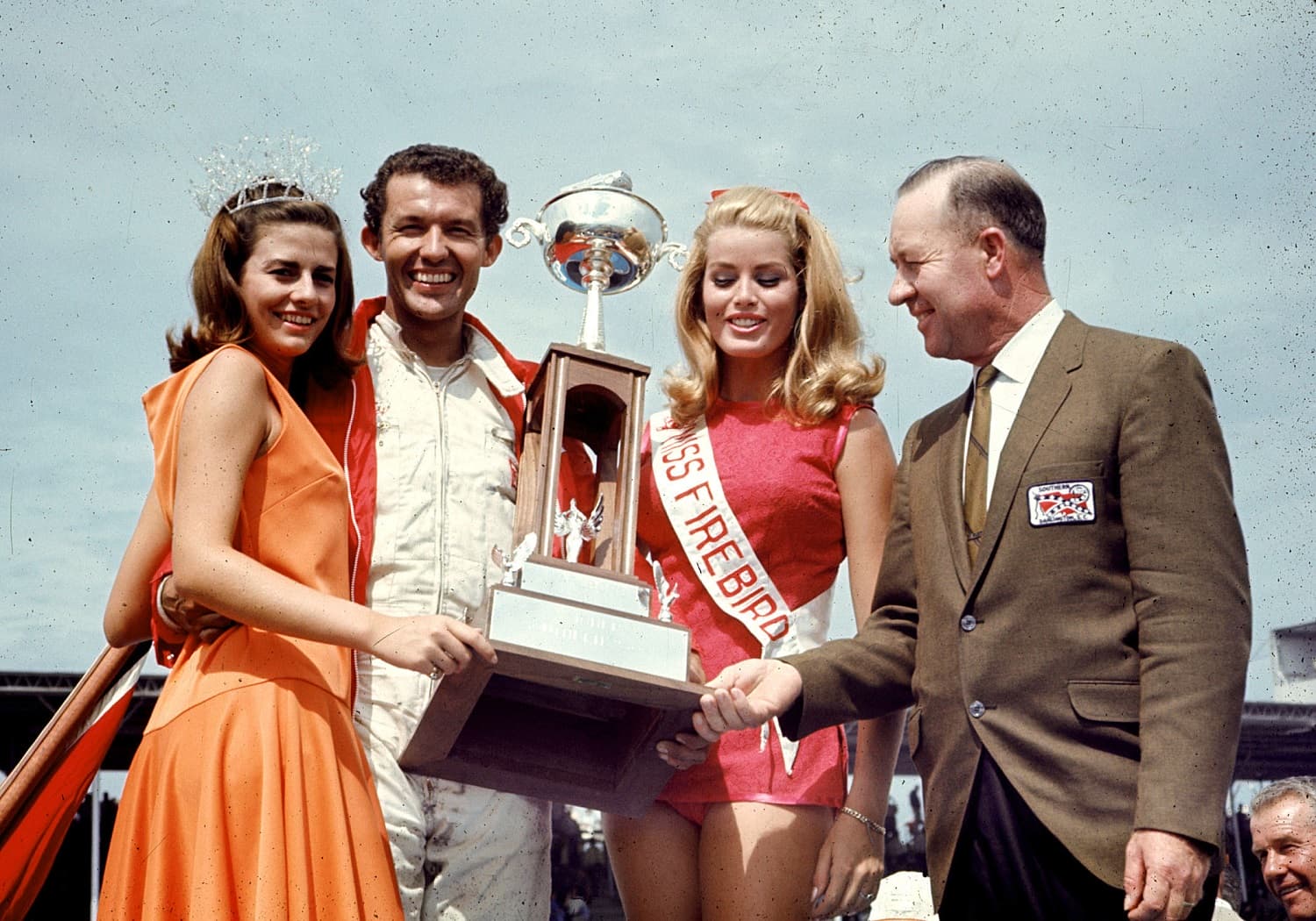 Richard Petty in Victory Lane after winning the 1967 Southern 500 NASCAR Cup race at Darlington Raceway.