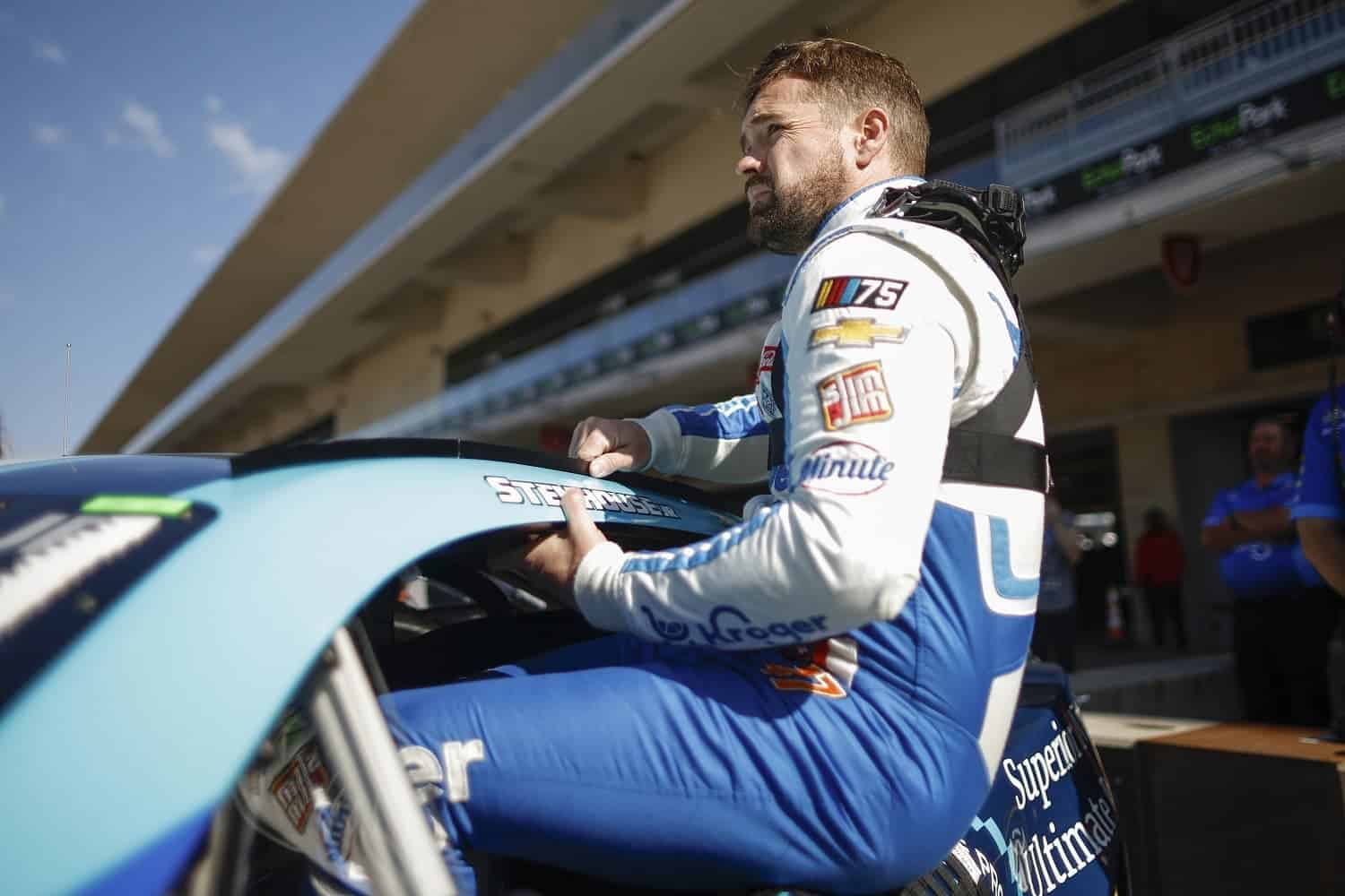 Ricky Stenhouse Jr. enters his car in the garage area during qualifying for the NASCAR Cup Series EchoPark Automotive Grand Prix at Circuit of The Americas on March 25, 2023.