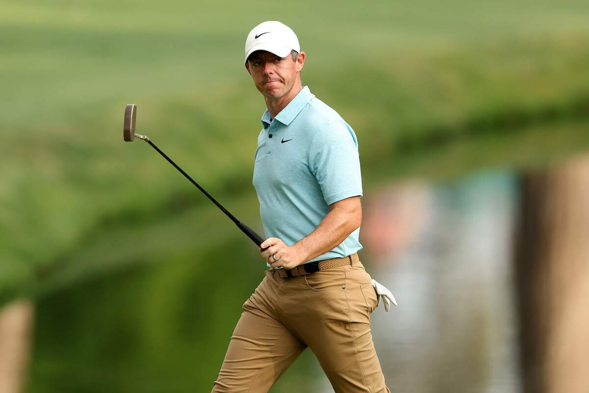 Rory McIlroy of Northern Ireland reacts to his birdie on the 16th green during the first round of the 2023 Masters