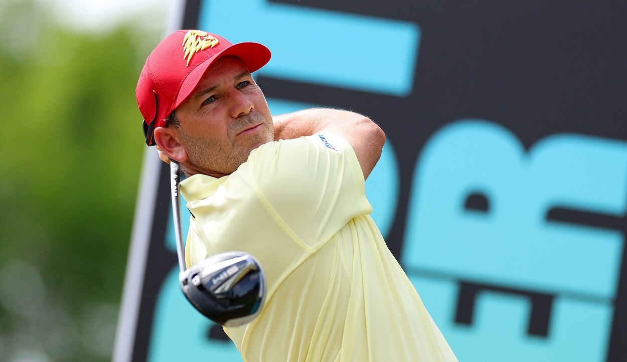 Sergio Garcia tees off during the LIV Golf Orlando event in April 2023