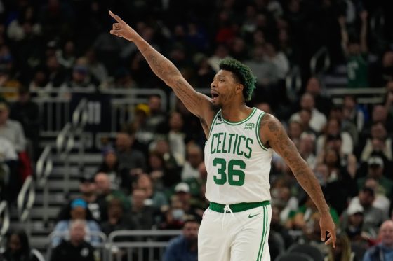 Marcus Smart of the Boston Celtics reacts against the Milwaukee Bucks