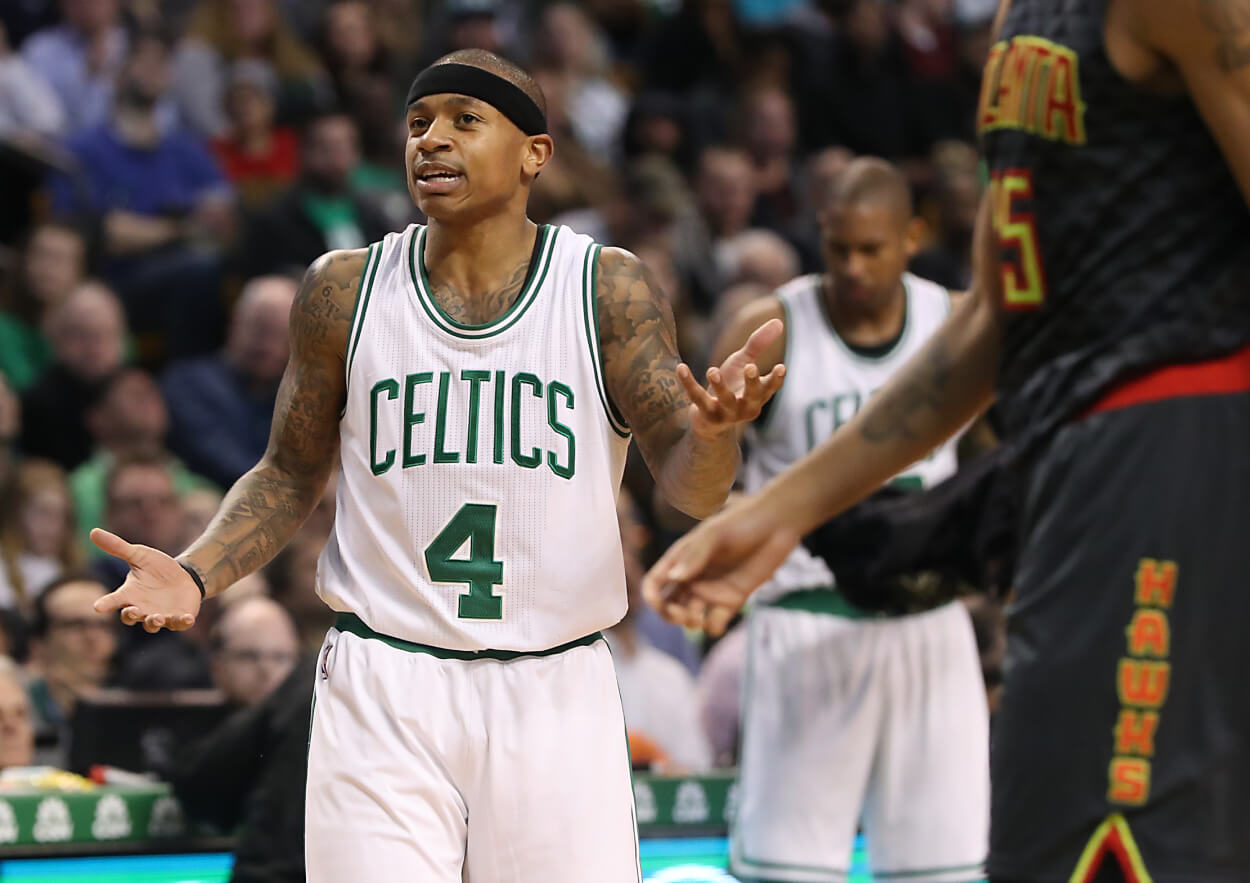 Boston Celtics guard Isaiah Thomas questions a referee's call.