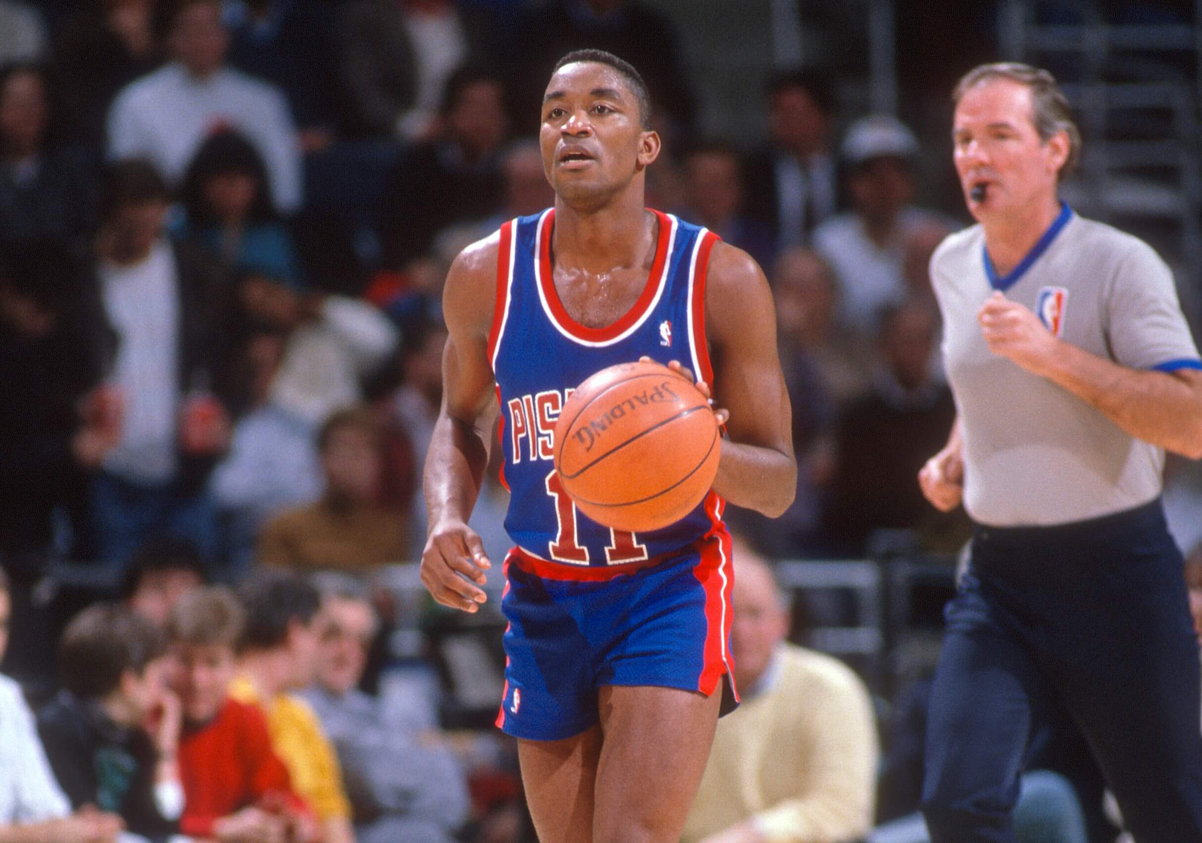 Isiah Thomas of the Detroit Pistons dribbles the ball.