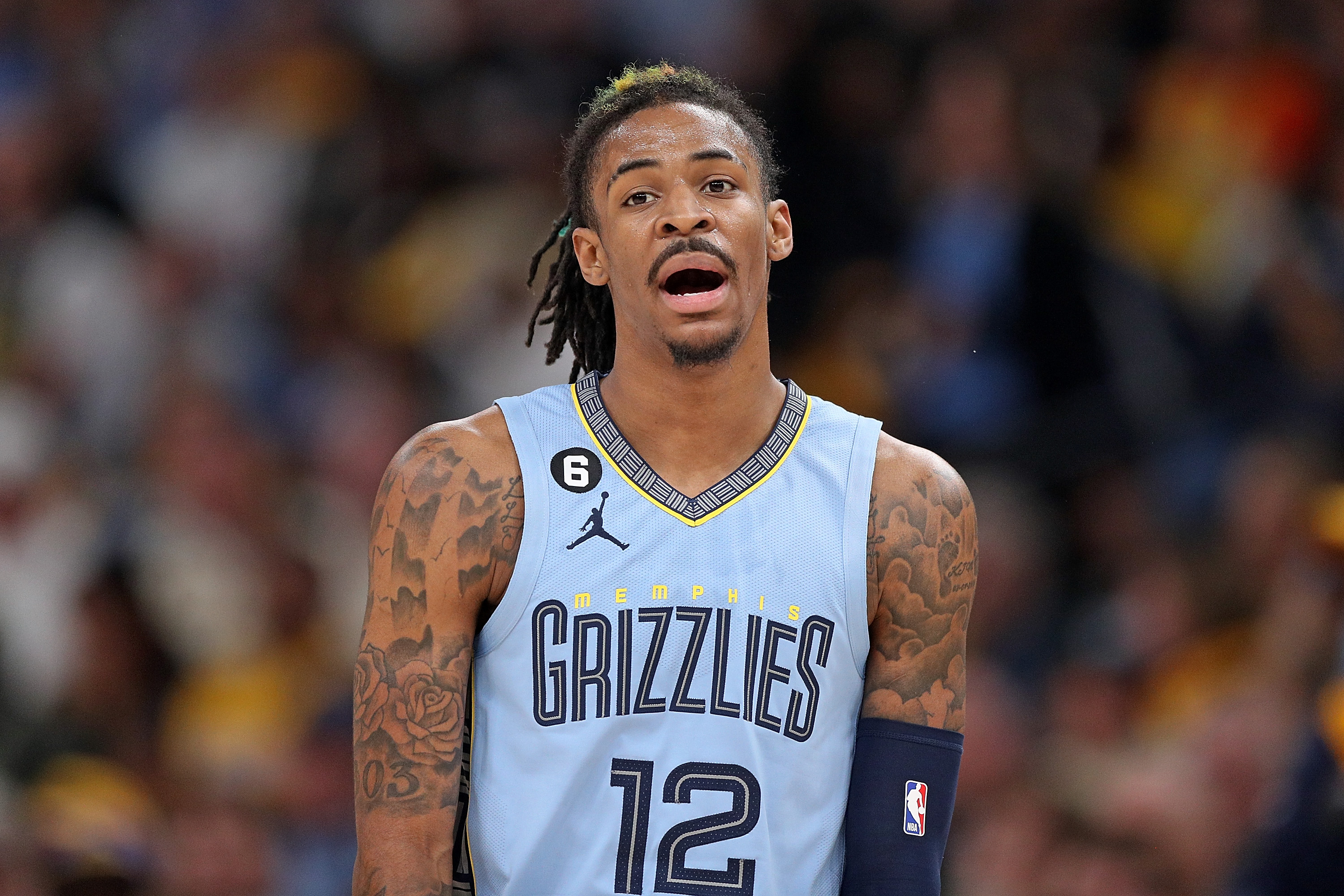 Ja Morant of the Memphis Grizzlies looks on against the Los Angeles Lakers.