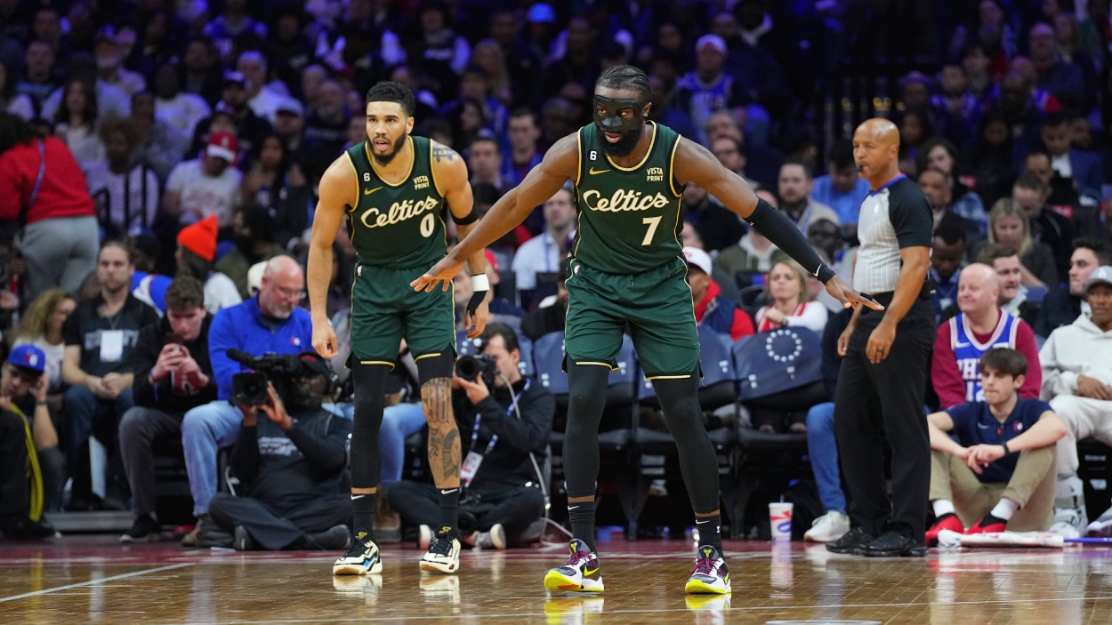 Jaylen Brown (7) and Jayson Tatum (0) of the Boston Celtics in action.