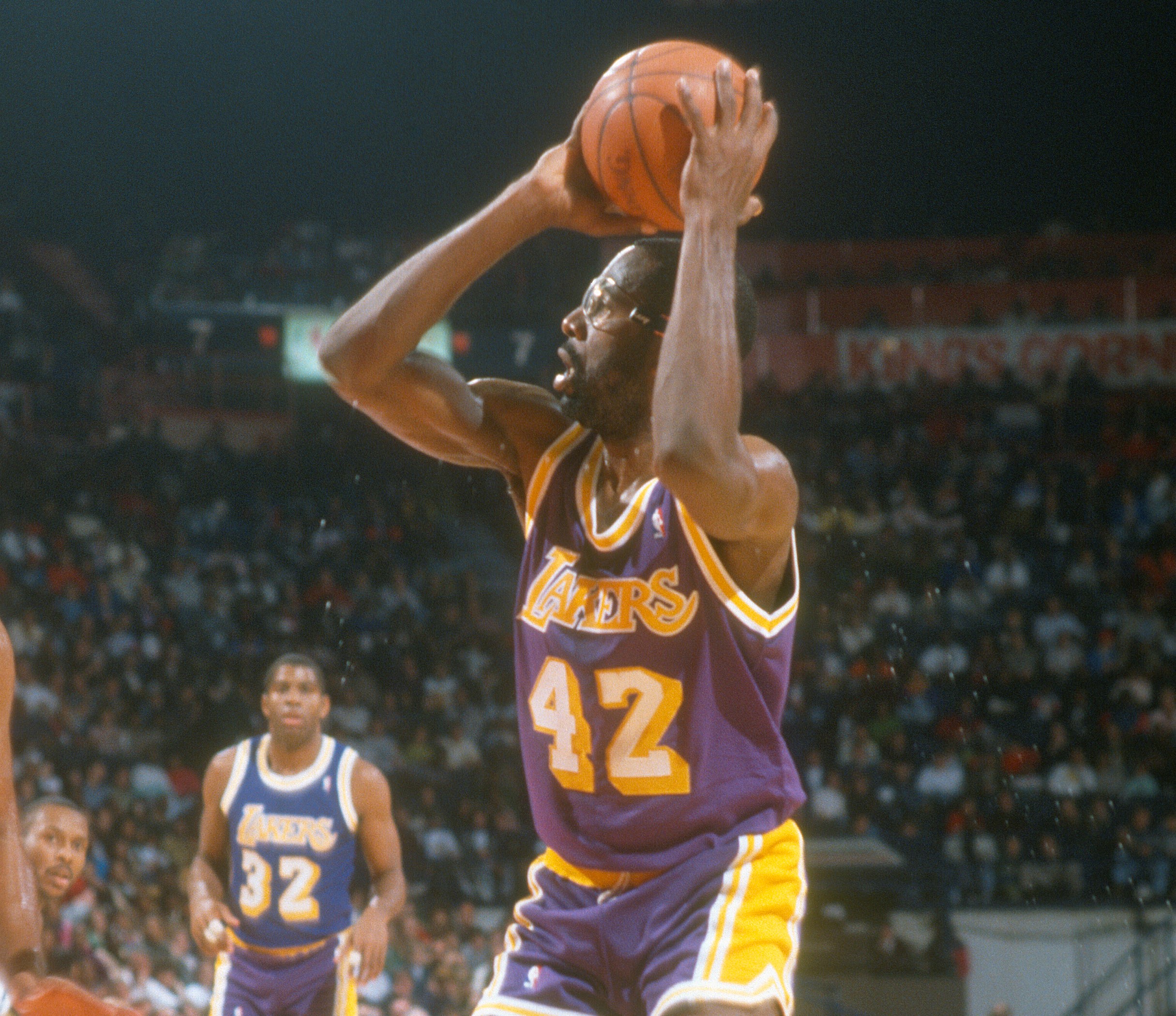 Forward James Worthy of the Los Angeles Lakers looks to shoot against the Washington Bullets.