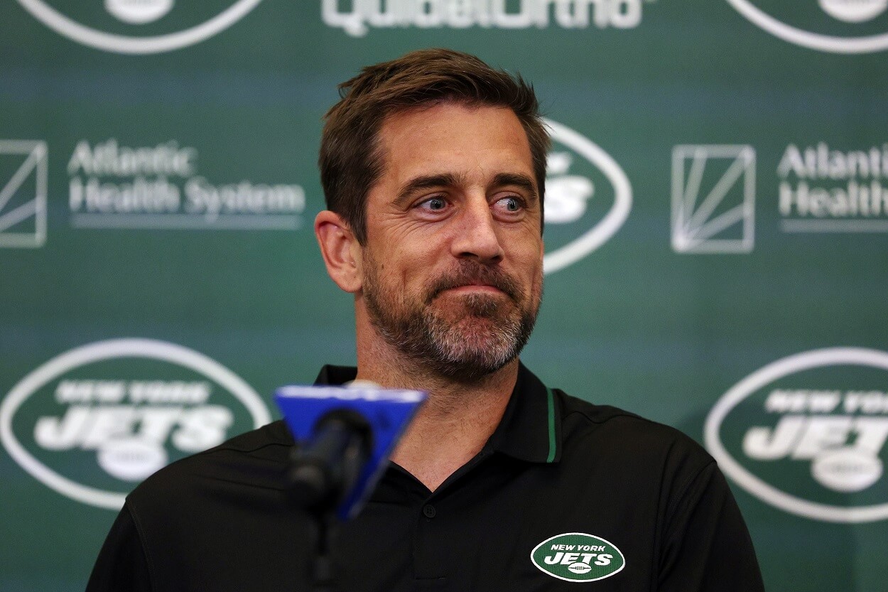 Aaron Rodgers during his introductory press conference with the New York Jets
