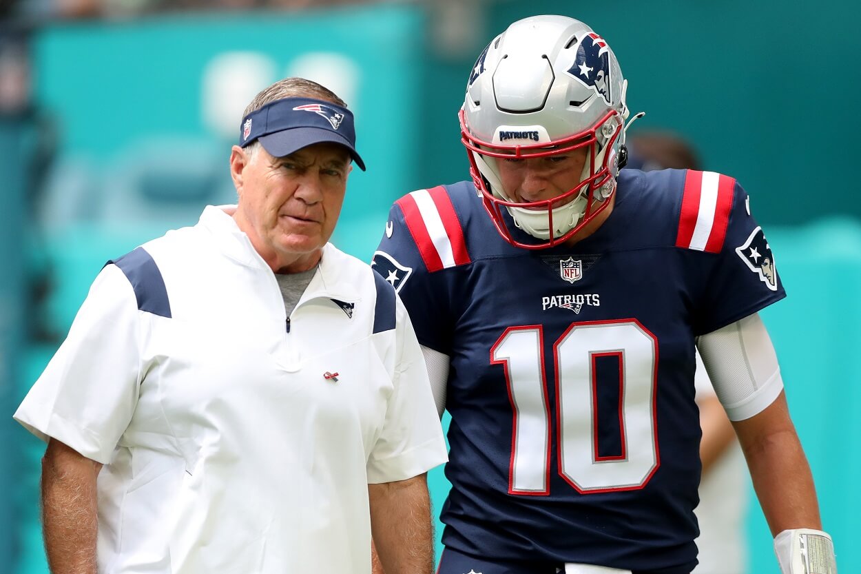 Bill Belichick and Mac Jones ahead of a Patriots-Dolphins matchup in September 2022