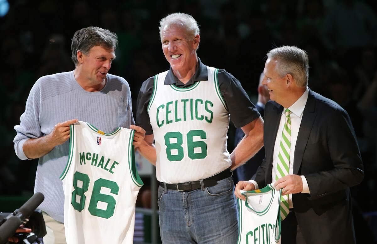 Members of the Boston Celtics 1986 championship team, Kevin McHale, Bill Walton and Danny Ainge, are honored at halftime in 2016