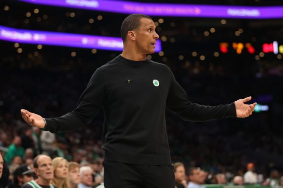 Head coach Joe Mazzulla of the Boston Celtics watches the action.
