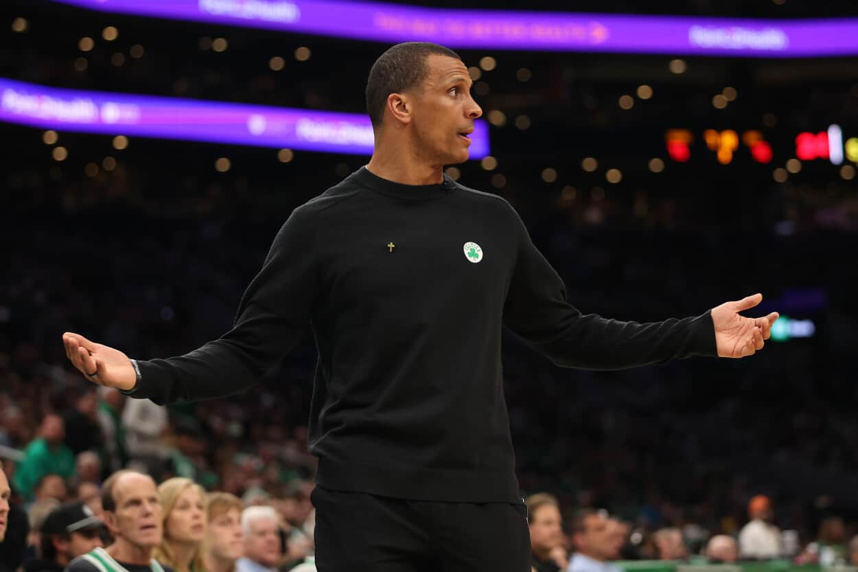 Head coach Joe Mazzulla of the Boston Celtics watches the action.