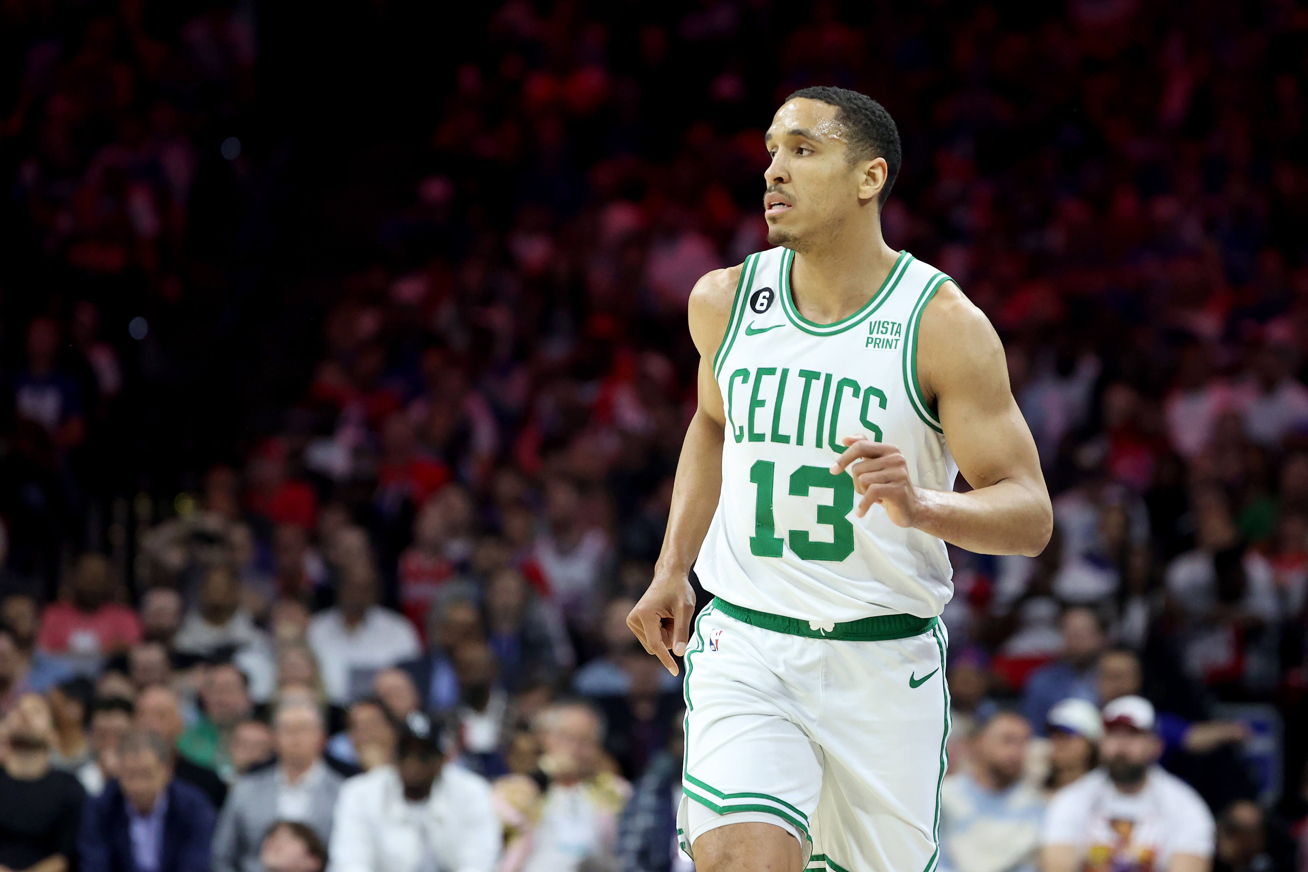 Malcolm Brogdon of the Boston Celtics reacts against the Philadelphia 76ers.