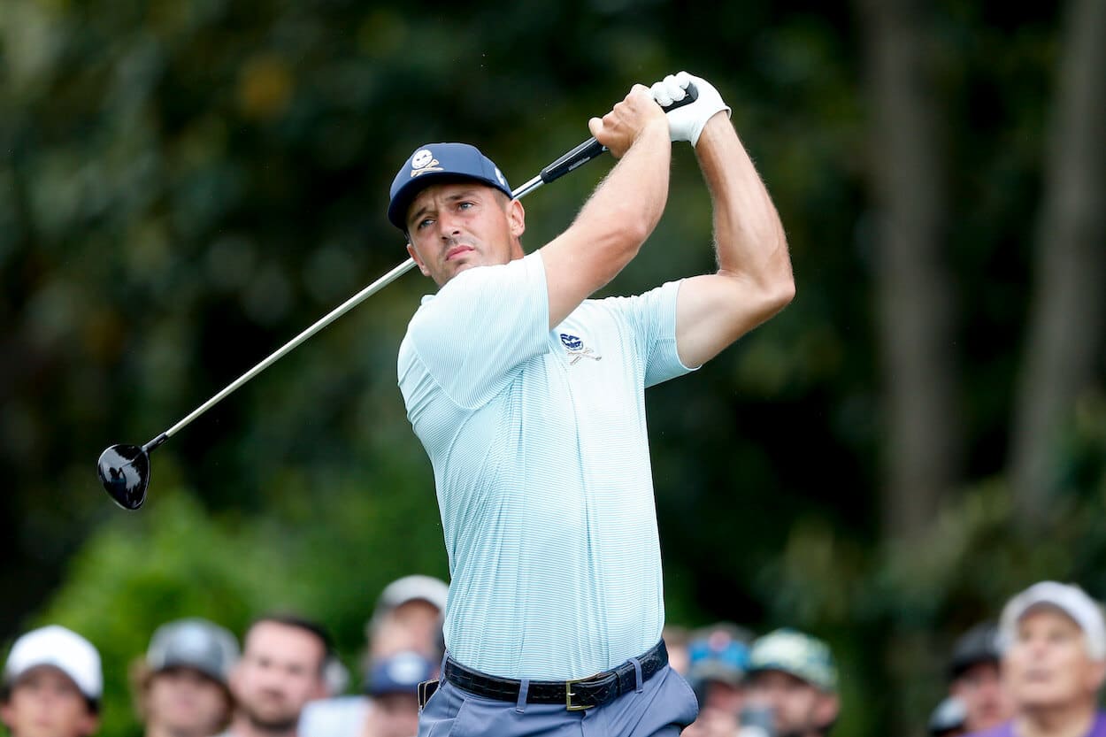 Bryson DeChambeau hits a drive during LIV Golf Tulsa.