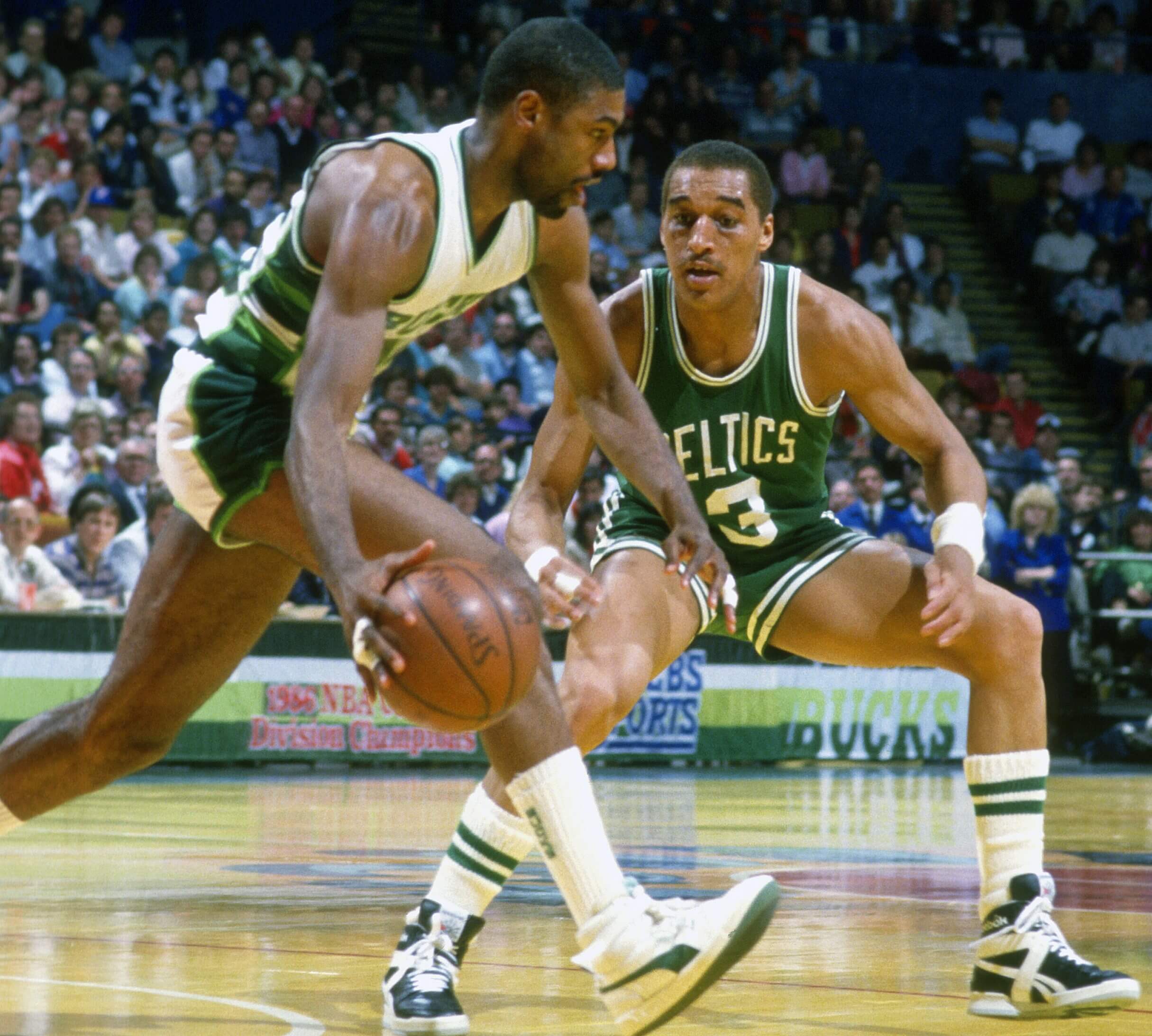 Dennis Johnson of the Boston Celtics guards Paul Pressey of the Milwaukee Bucks.
