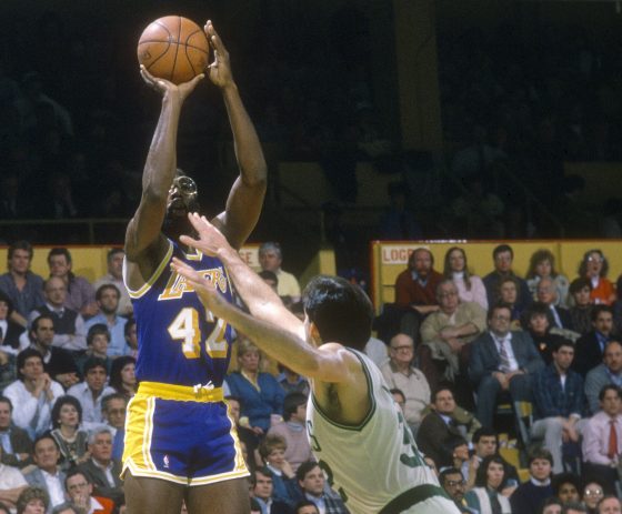 James Worthy of the Los Angeles Lakers shoots over Kevin McHale of the Boston Celtics.