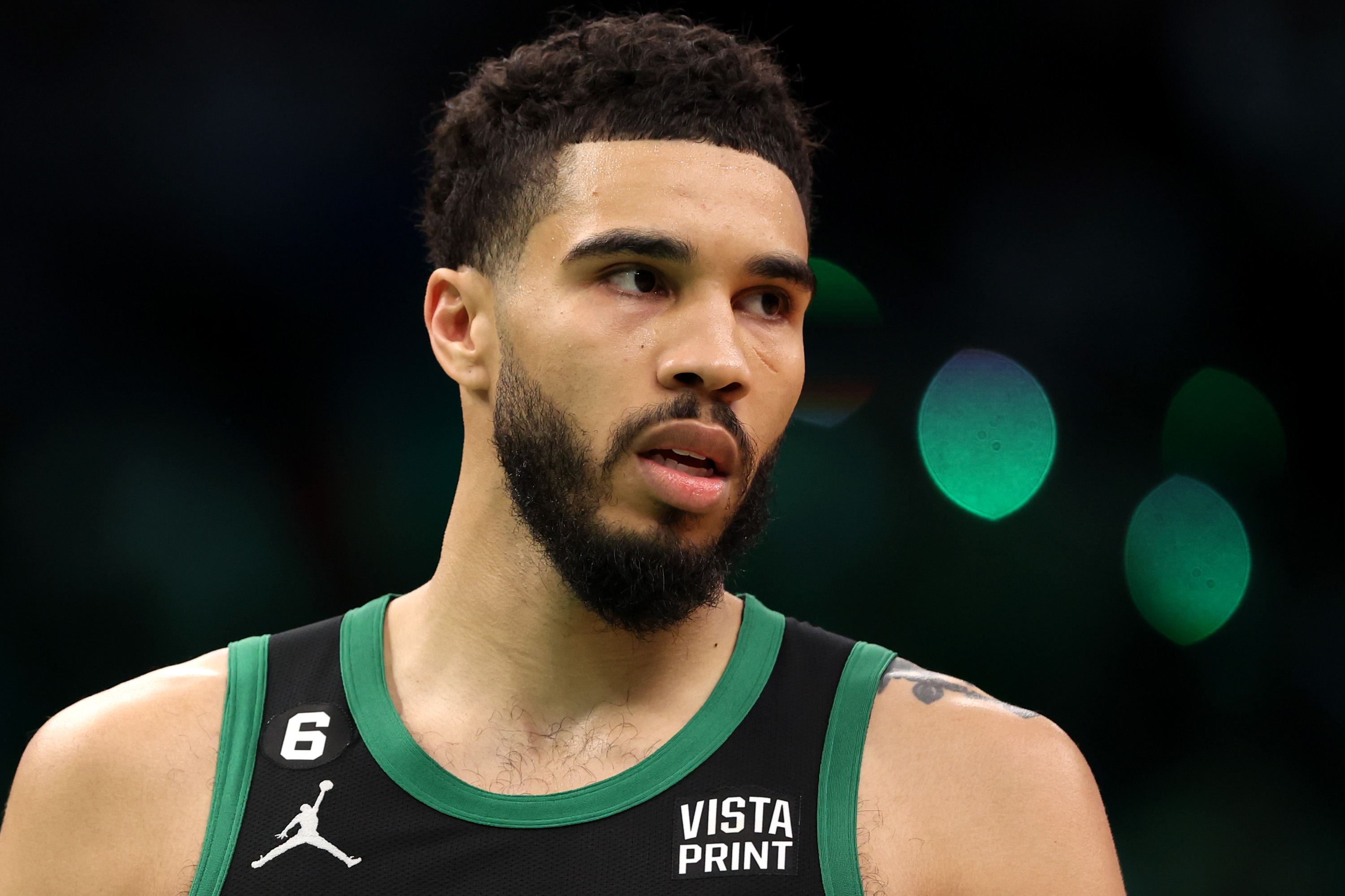 Jayson Tatum of the Boston Celtics looks on during the second half against the Philadelphia 76ers.