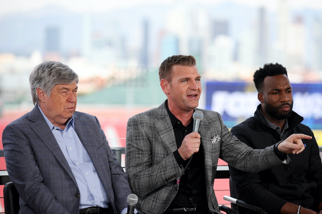 Clint Bowyer, Mike Joy and Josh Sims attend the Fox Sports NASCAR press conference at the Los Angeles Coliseum on February 3, 2023. | James Gilbert / Getty Images