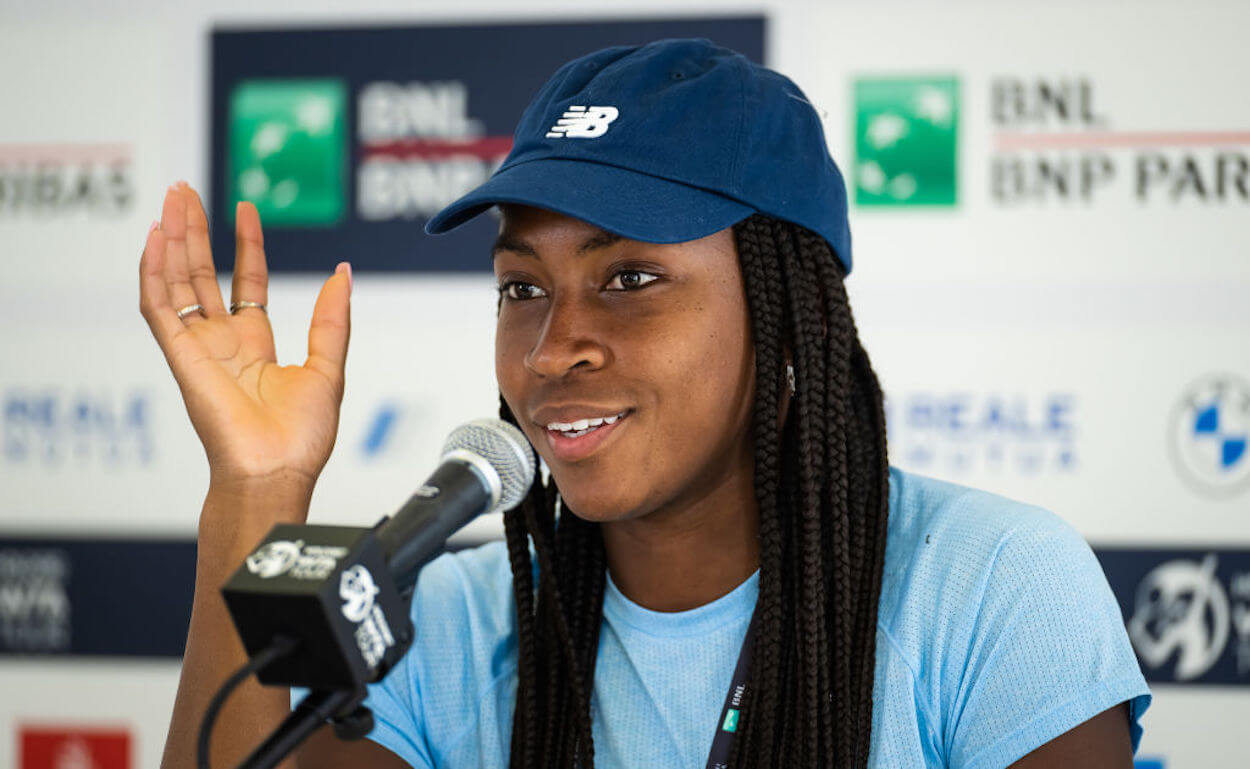 Coco Gauff speaks during a 2023 press conference.