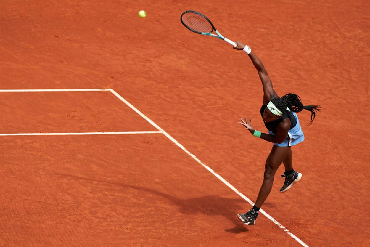 Coco Gauff serves at the Mutua Madrid Open.