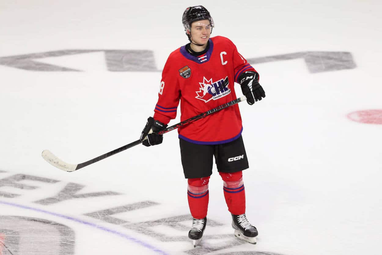 Connor Bedard on the ice during the 2023 Kubota CHL Top Prospects Game at the Langley Events Centre.