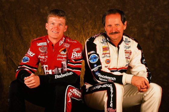 Son Dale Earnhardt Jr. and father Dale Earnhardt Sr. sit together for a media photoshoot