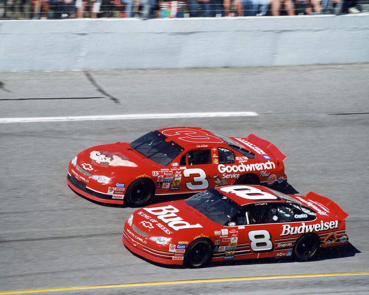 NASCAR drivers Dale Earnhardt (No. 3) and Dale Earnhardt, Jr. (No. 8) race each other during the 2000 Daytona 500
