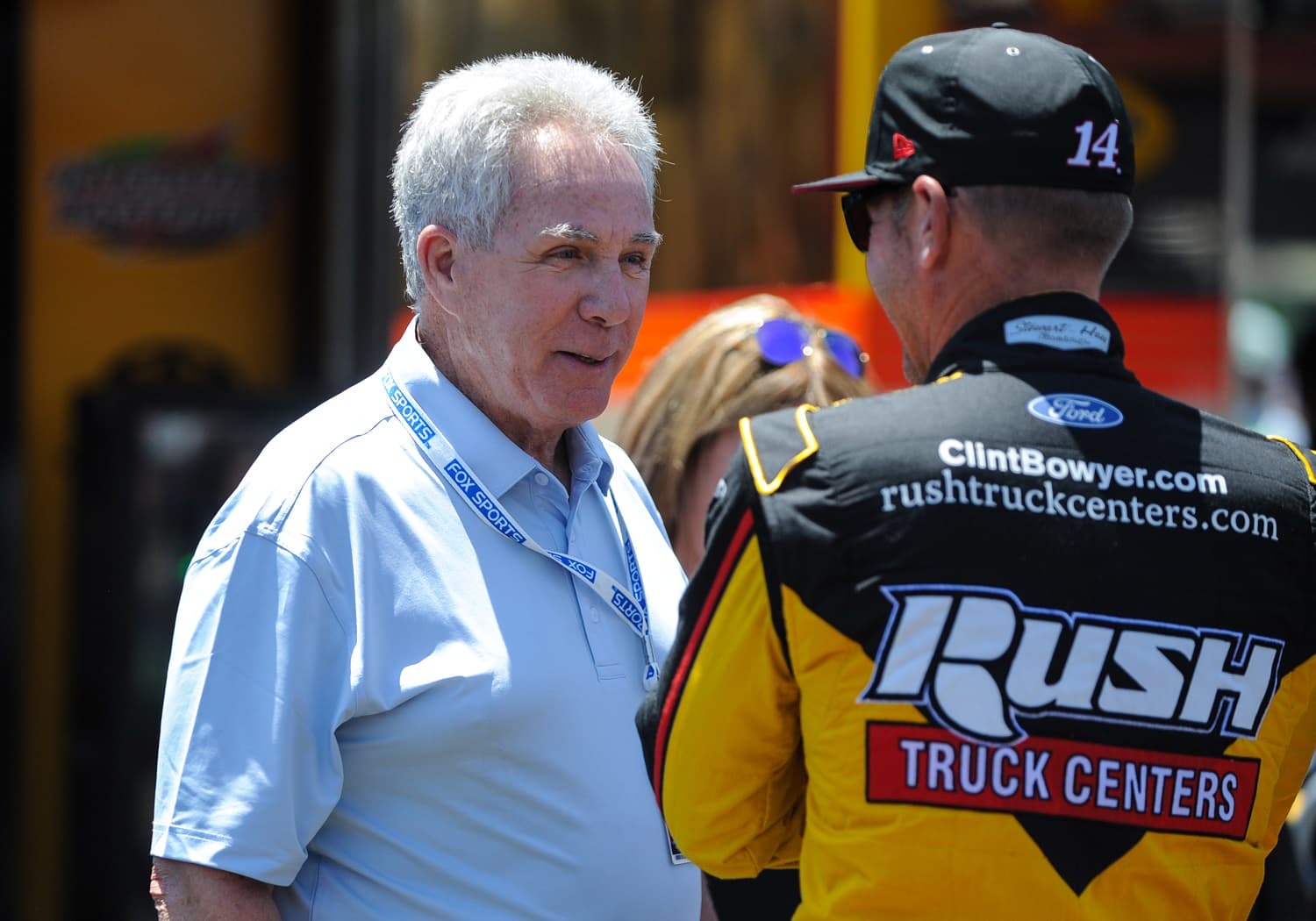 Fox Sports NASCAR Announcer Darrell Waltrip speaks with Clint Bowyer during the NASCAR Cup Series practice for the Toyota/Save Mart 350 on June 21, 2019.