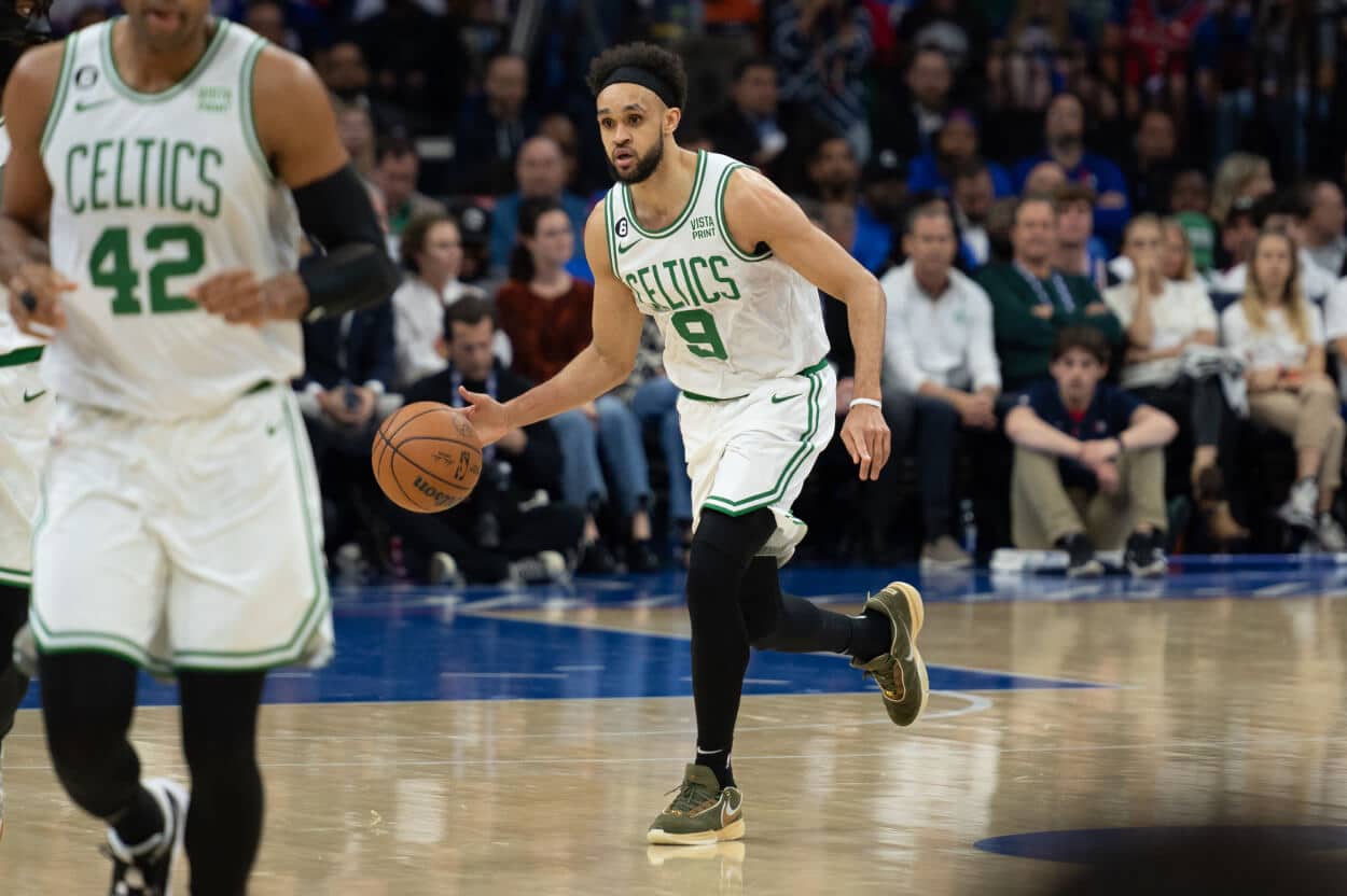 Derrick White of the Boston Celtics drives to the basket.