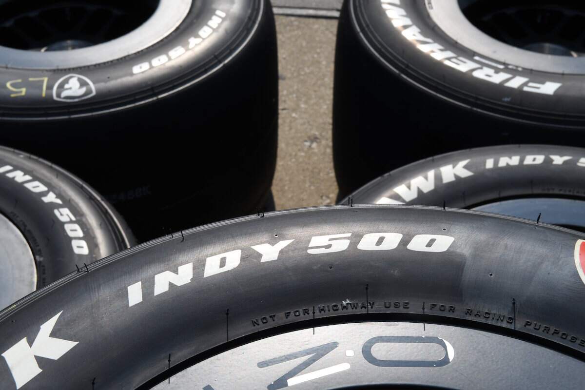 Firestone Firehawk race tires specially marked for the 107th Indianapolis 500 and used in the first practice