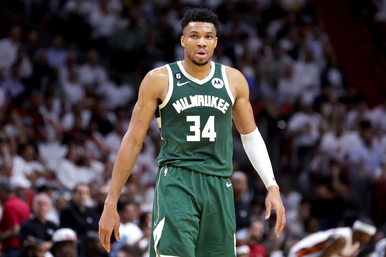 Giannis Antetokounmpo of the Milwaukee Bucks looks on against the Miami Heat.