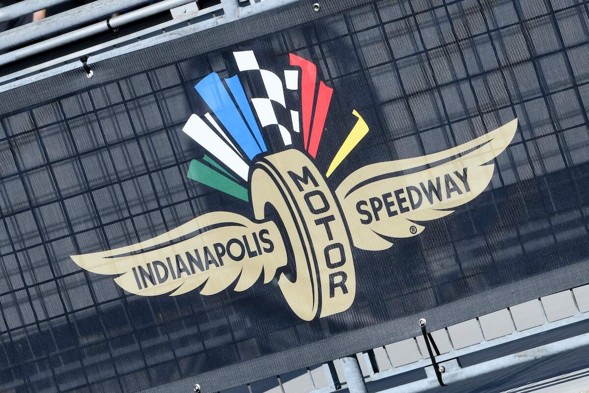 An Indianapolis Motor Speedway logo is seen before the start of the NTT IndyCar Series Indy 500