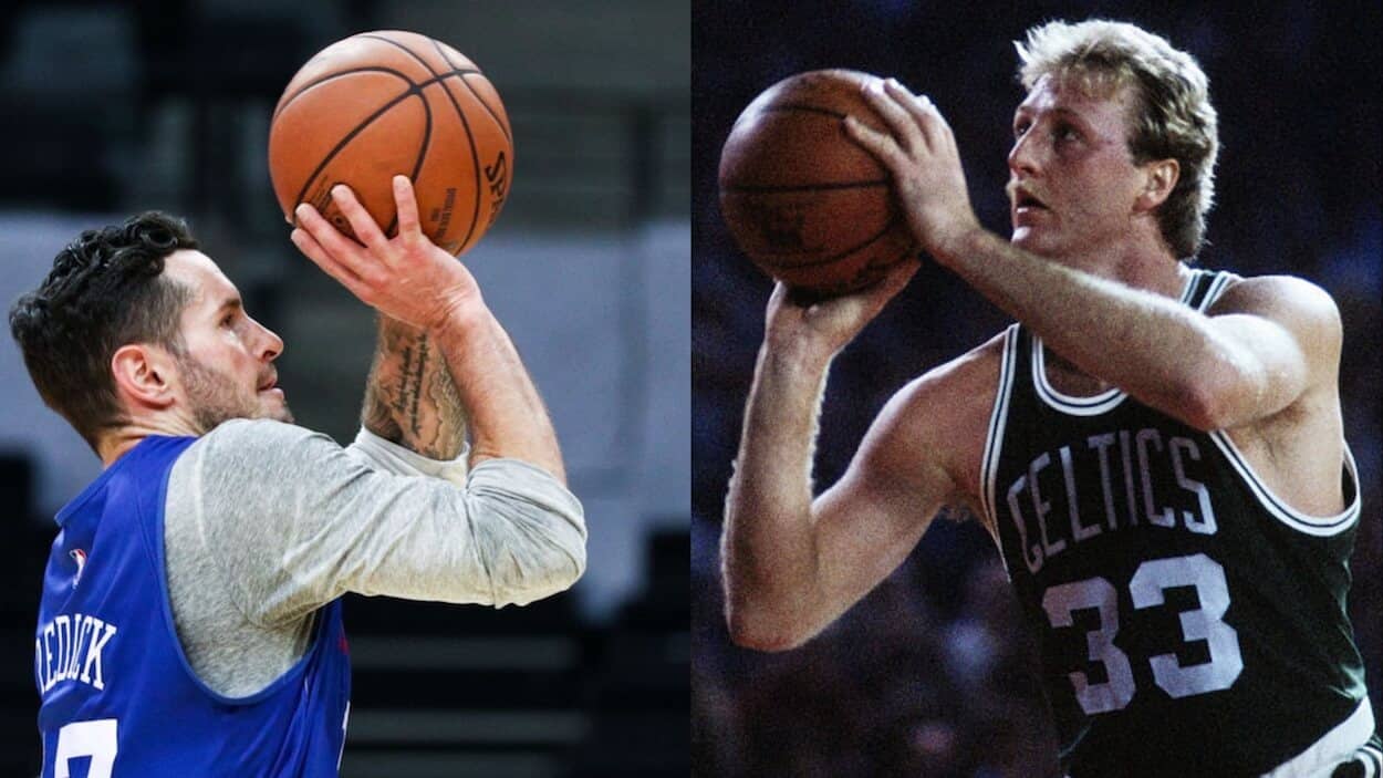 JJ Redick (L) and Larry Bird (R) attempting jump shots.