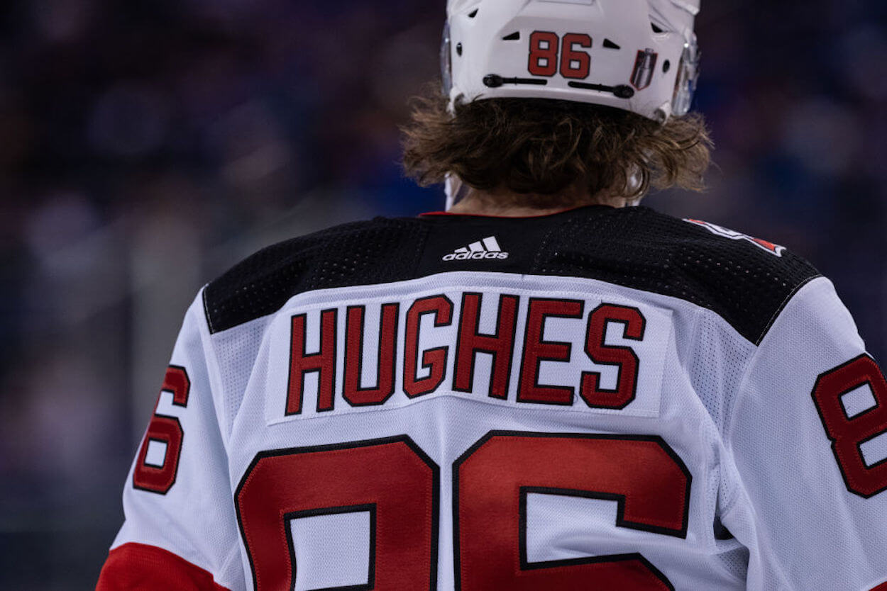 Jack Hughes during warm-ups ahead of a New Jersey Devils playoff game.
