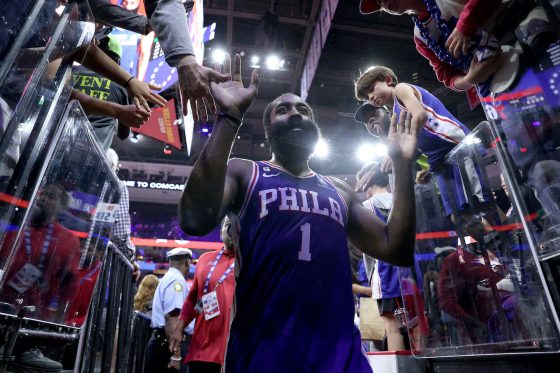 James Harden walks off the court after Game 4 against the Celtics.