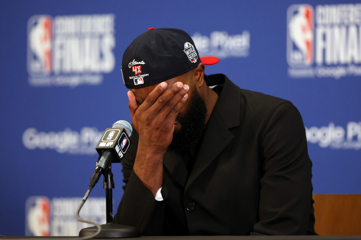 Jaylen Brown of the Boston Celtics reacts during a press conference.