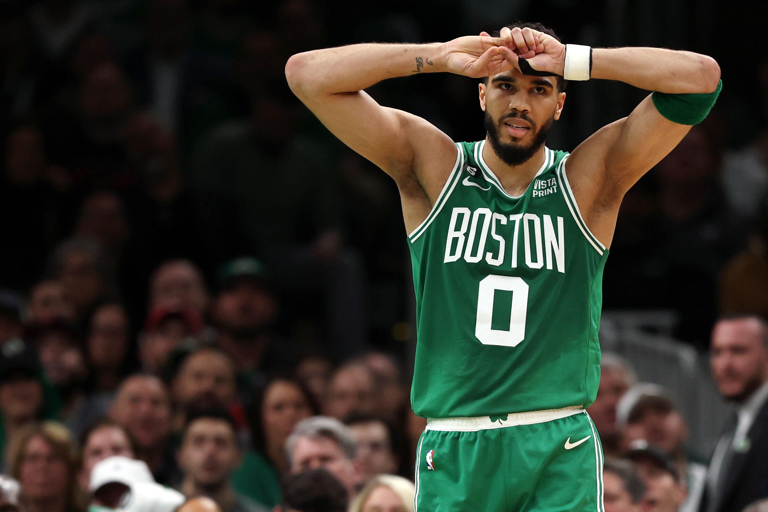 Jayson Tatum of the Boston Celtics looks on during the first quarter of Game 2 of the Eastern Conference Semifinals.