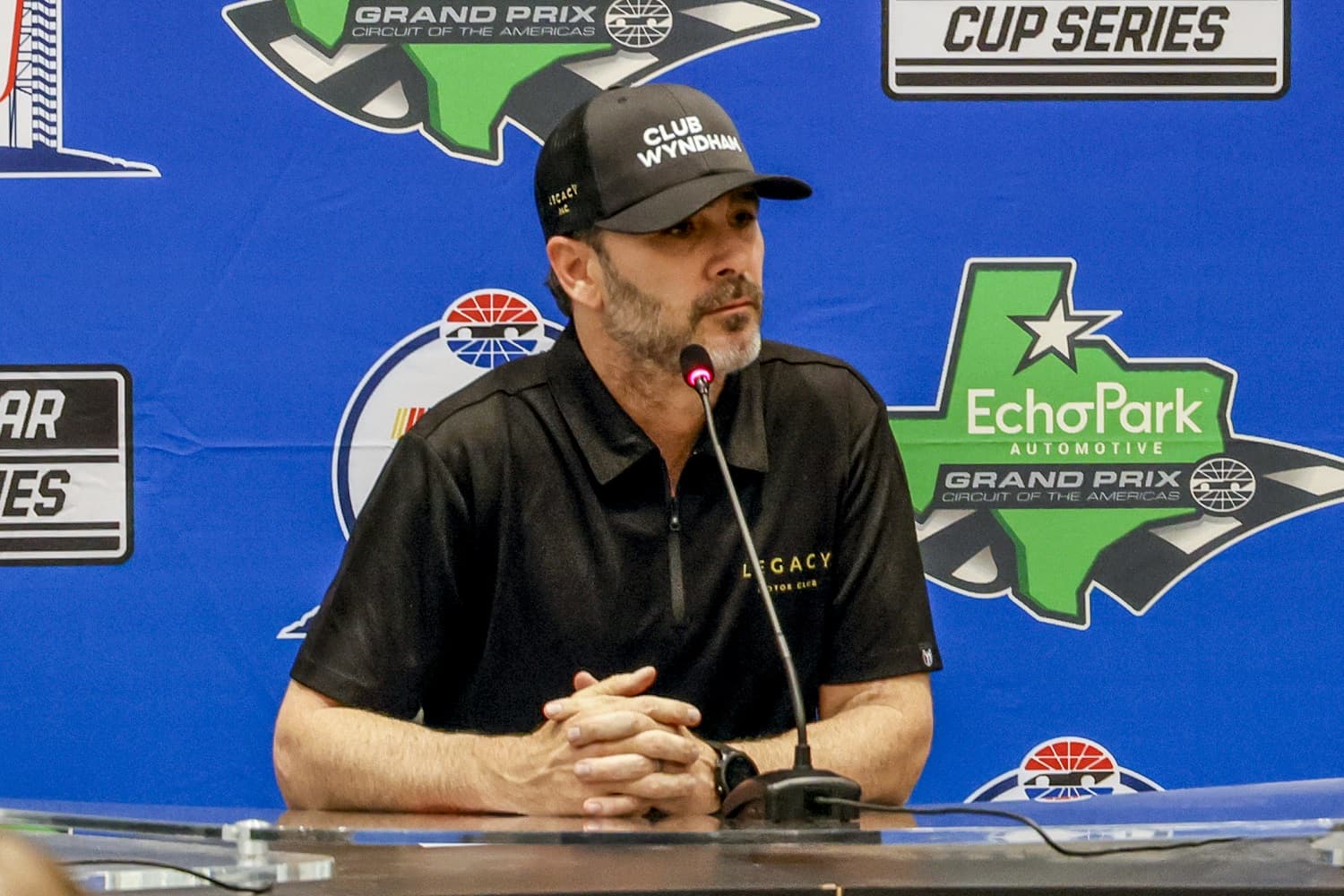 Jimmie Johnson talks to the media after practice for the NASCAR Cup Series EchoPark Automotive Grand Prix on March 24, 2023 at Circuit of the Americas.