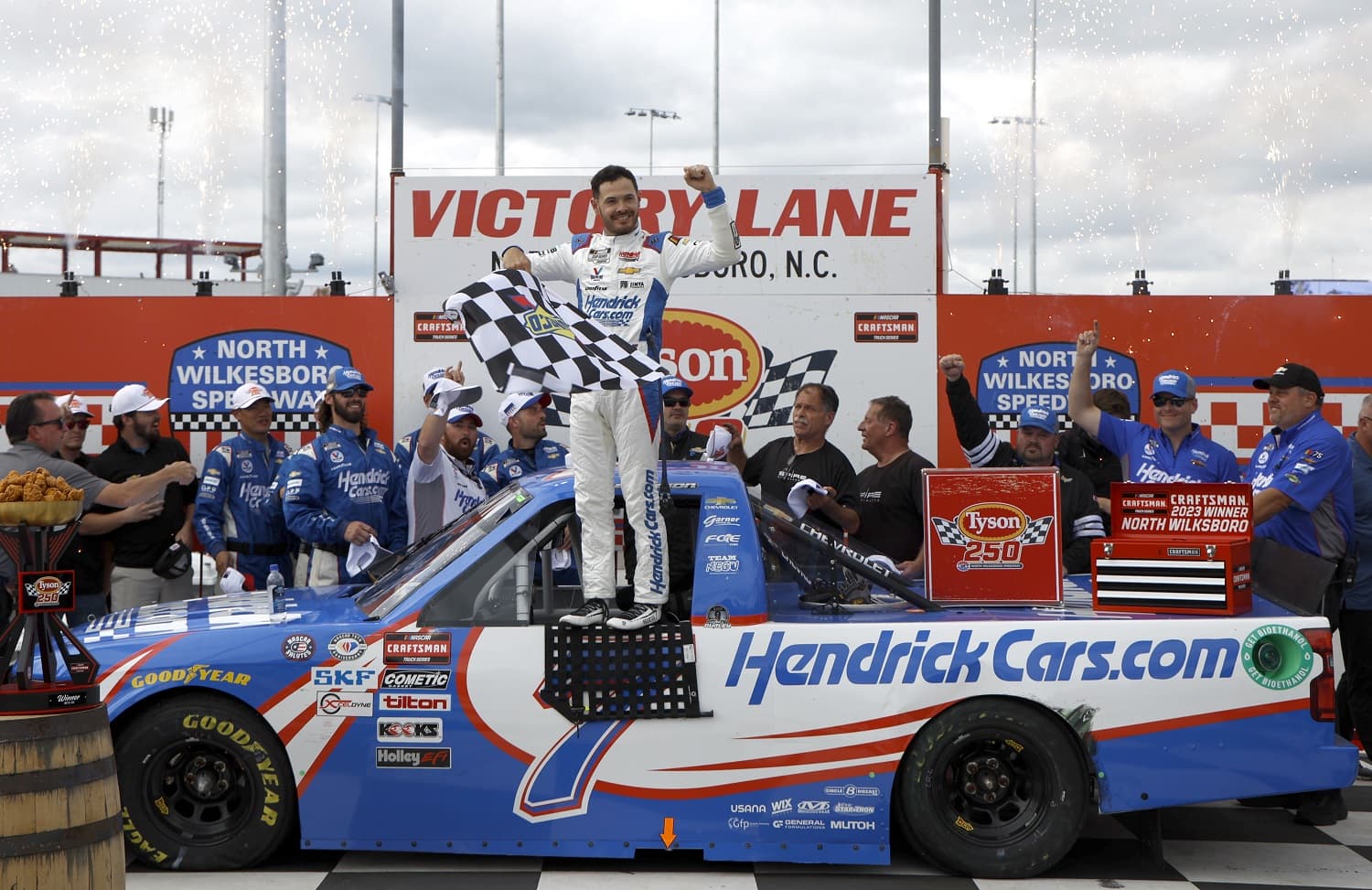 Kyle Larson celebrates after winning the NASCAR Craftsman Truck Series Tyson 250 at North Wilkesboro Speedway on May 20, 2023.