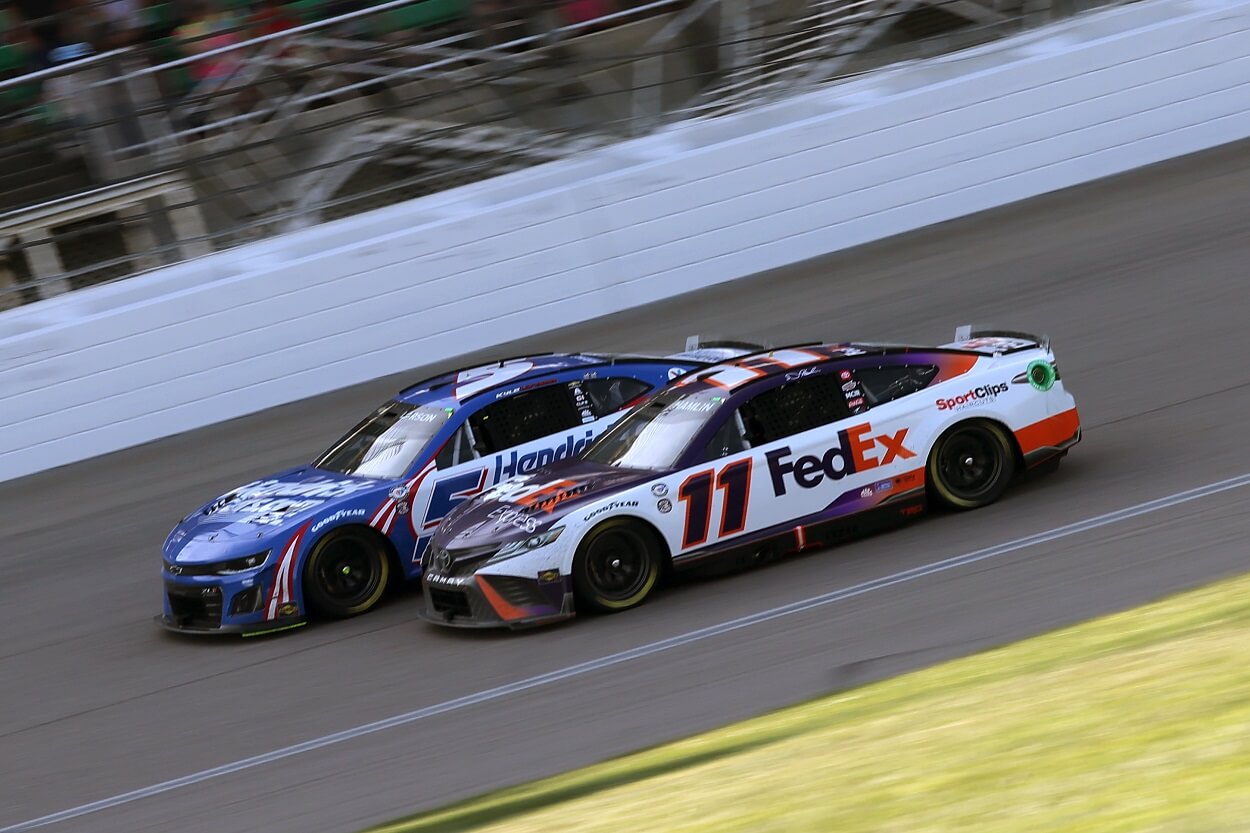 Kyle Larson and Denny Hamlin during the 2023 NASCAR Cup Series race at Kansas Speedway